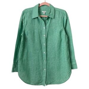 Talbots Shirt Womens Large Petite Green Linen Striped Button Down Long Sleeve